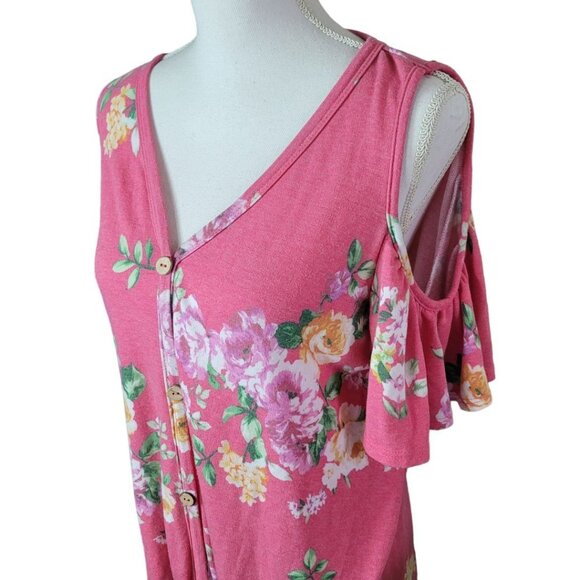 First Love Pink Floral Cold Shoulder Lovely  Button Tie Front Womens Large - Picture 2 of 10